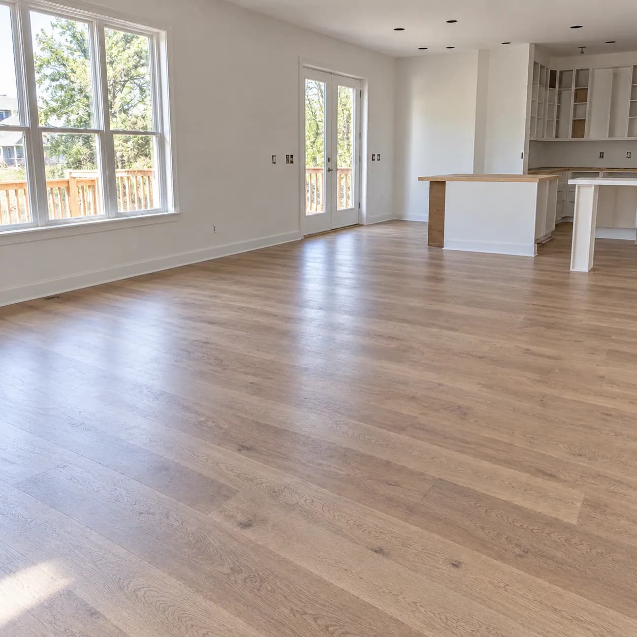 The same open-plan Fort Worth room with the debris gone and the new floor clear from wall to wall