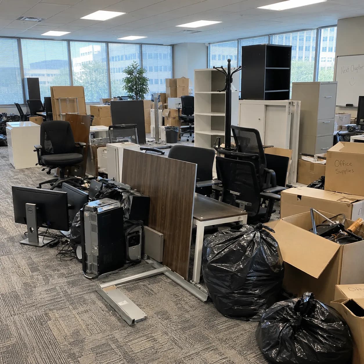 A vacated Fort Worth office suite full of task chairs, monitors and desking left behind by the outgoing tenant