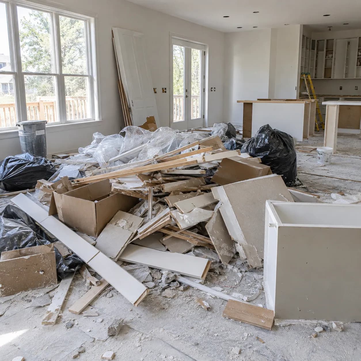 Drywall offcuts, broken board and packaging piled across the floor of an open-plan Fort Worth room mid-renovation