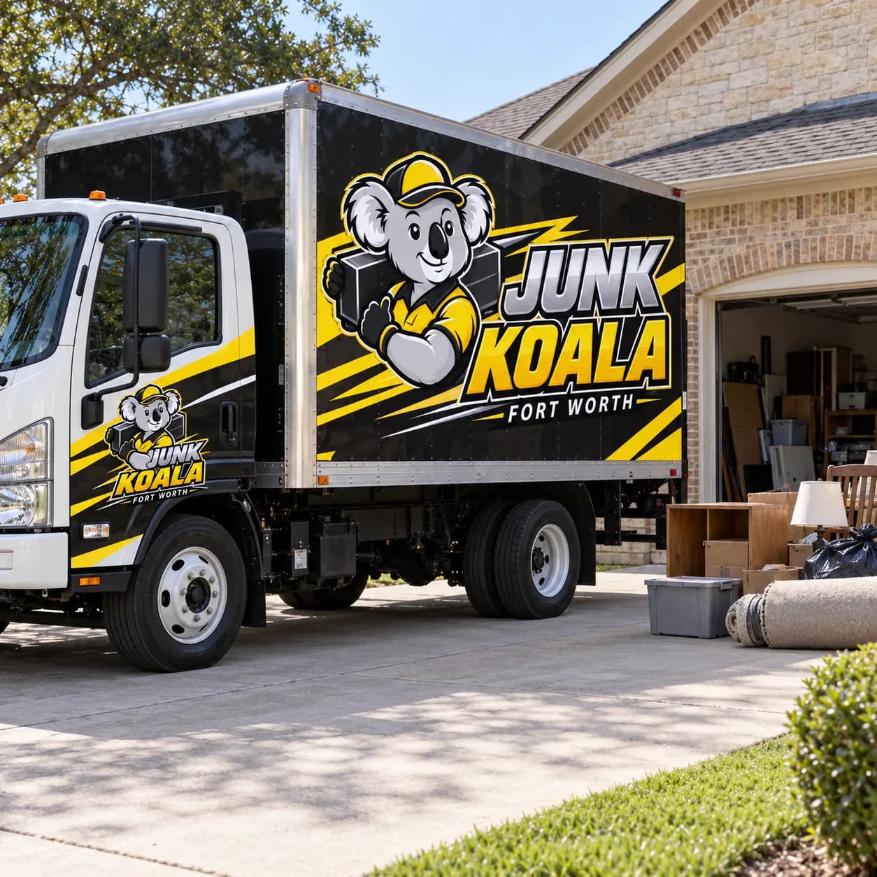 The Junk Koala Fort Worth box truck waiting on a driveway beside an open garage of boxes and furniture