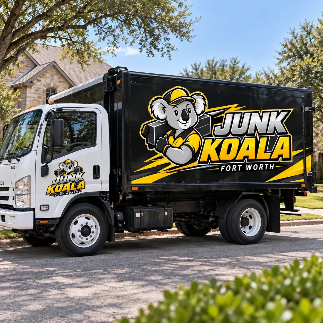 The Junk Koala Fort Worth box truck parked on a tree-lined residential street