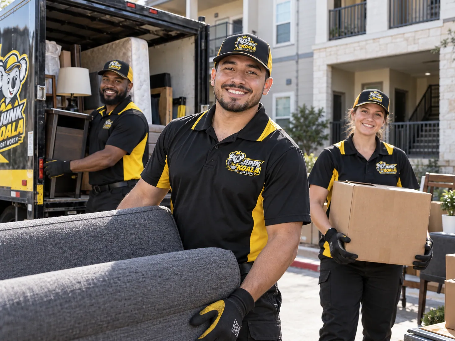 Junk Koala Fort Worth crew loading a rolled rug and boxes into the truck at a Fort Worth apartment community
