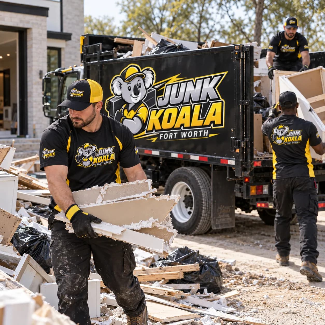 Junk Koala Fort Worth crew loading broken drywall, timber and construction debris into the dump truck at a Fort Worth build site