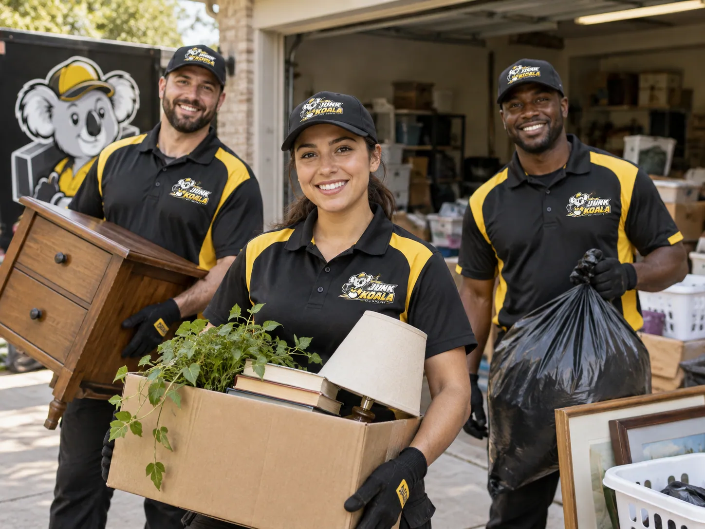 Junk Koala Fort Worth crew carrying a dresser, a packed box and bagged junk out of an open garage