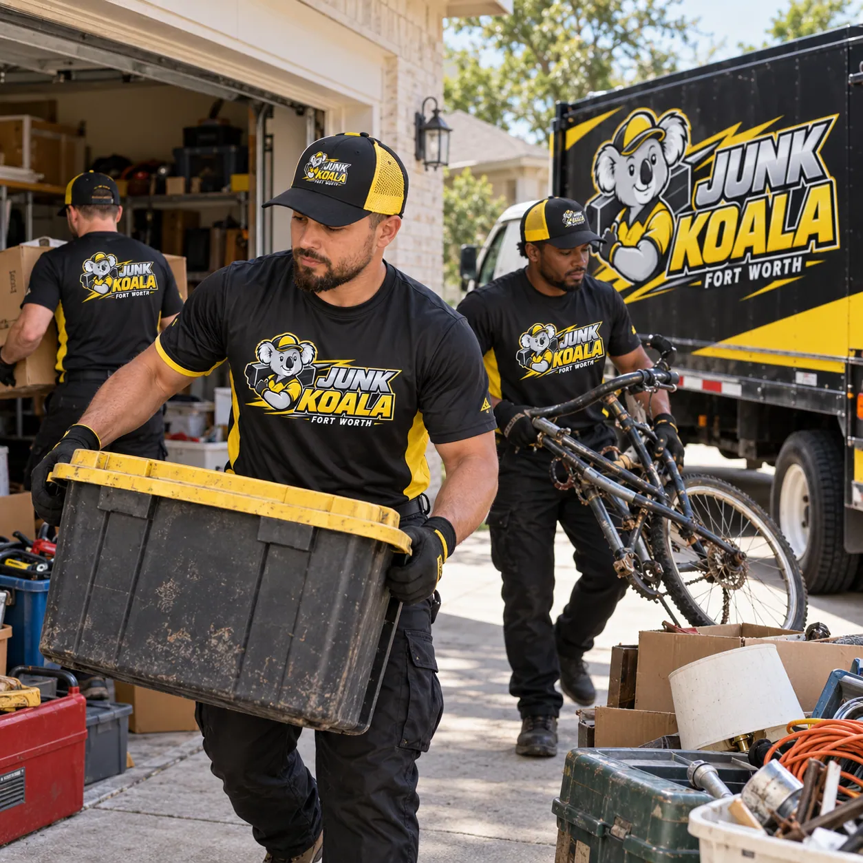 Junk Koala Fort Worth crew carrying storage totes and an old bicycle out of a full Fort Worth garage