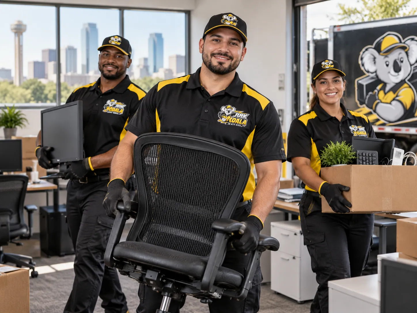 Junk Koala Fort Worth crew removing a task chair, monitor and desk plants from an office with the downtown Fort Worth skyline behind them