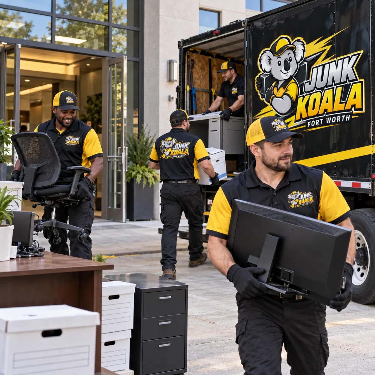 Junk Koala Fort Worth crew clearing task chairs, monitors, filing cabinets and file boxes out of an office building into an open truck
