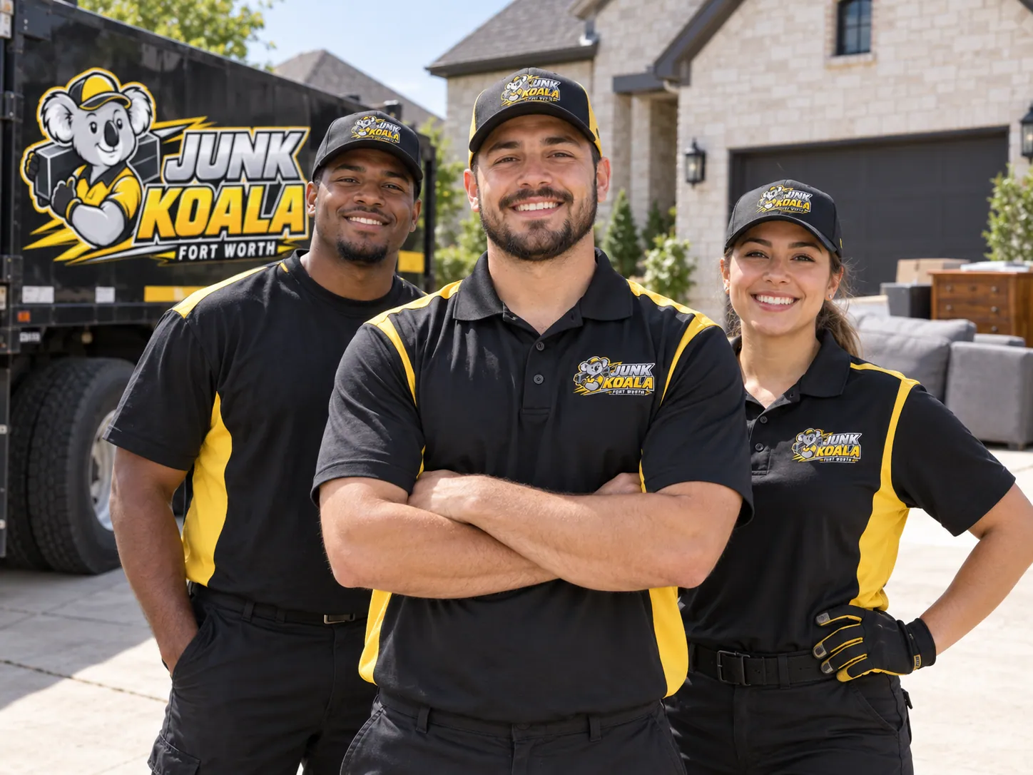 Three uniformed Junk Koala Fort Worth crew members standing in front of the branded box truck on a residential driveway