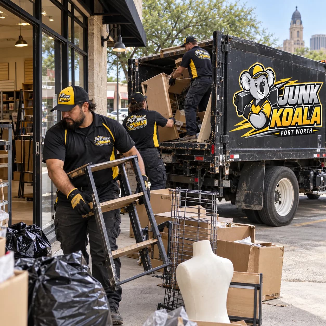 Junk Koala Fort Worth crew loading retail shelving, a mannequin and stock boxes from a downtown Fort Worth storefront