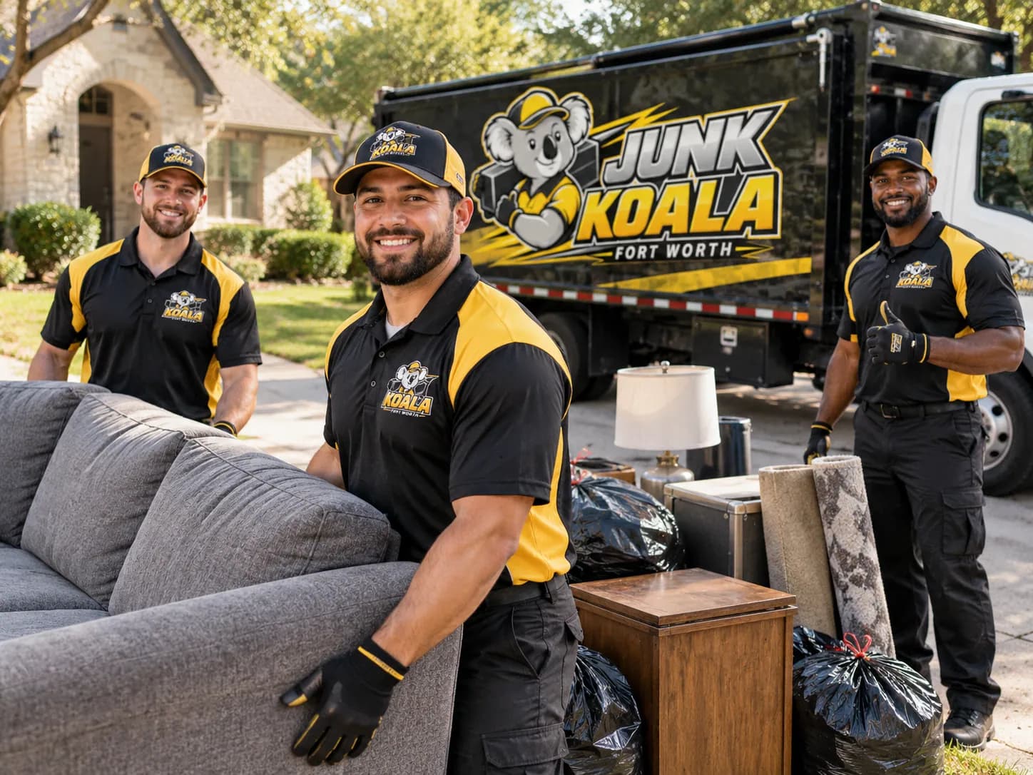 Junk Koala Fort Worth crew carrying a sectional sofa to the branded truck past a curbside load of furniture