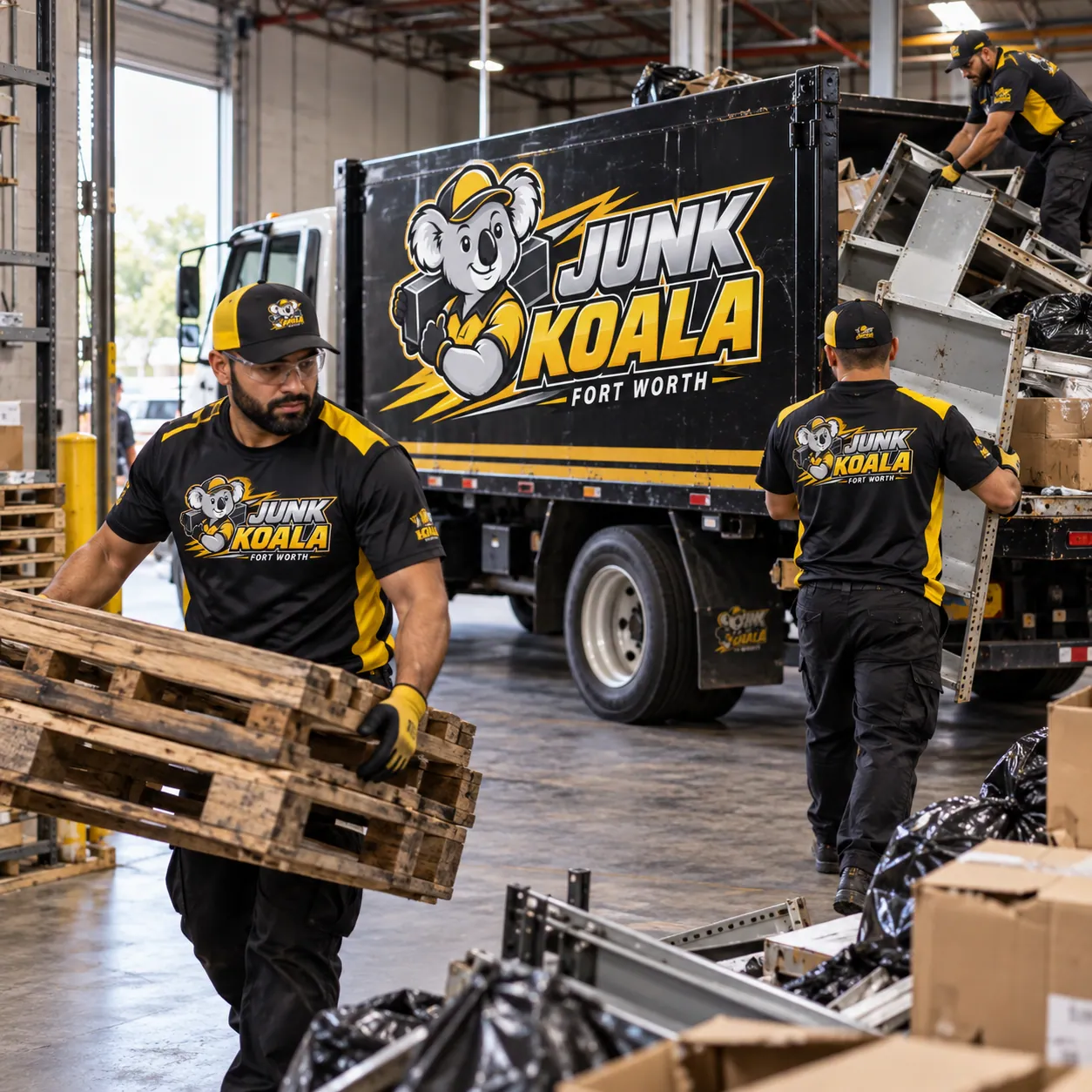 Junk Koala Fort Worth crew carrying wooden pallets and loading scrap shelving into the truck inside a warehouse