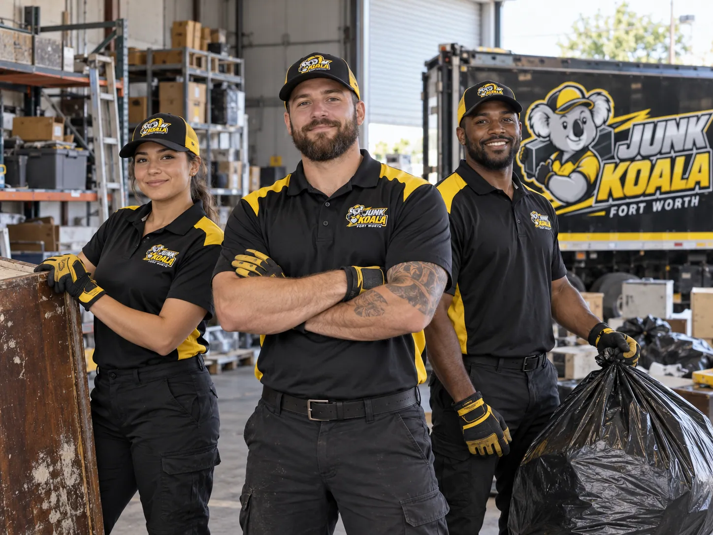 Junk Koala Fort Worth crew standing beside their truck inside a Fort Worth warehouse with racking and bagged waste around them