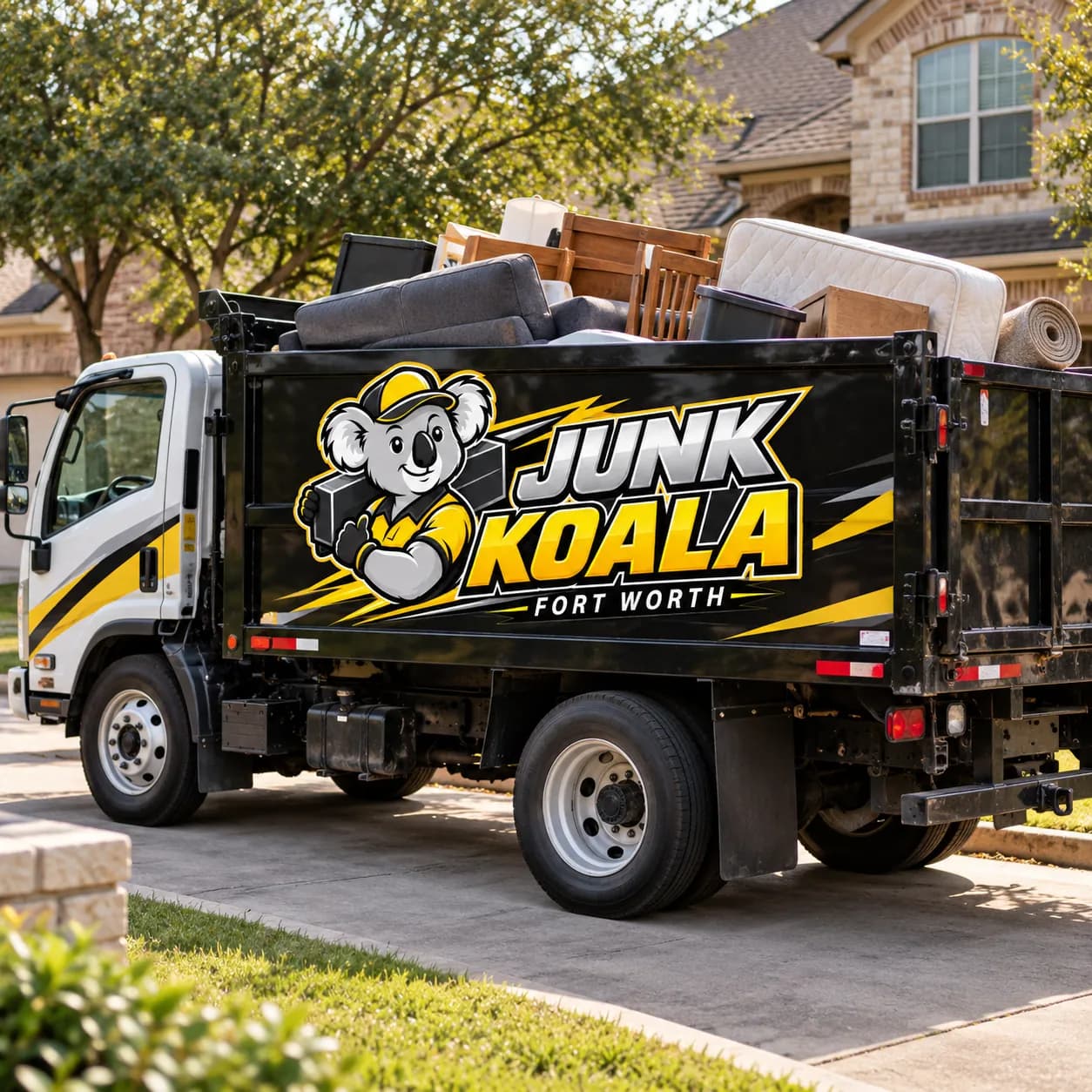 A loaded Junk Koala Fort Worth dump truck outside a home, stacked with a mattress, furniture and rolled carpet