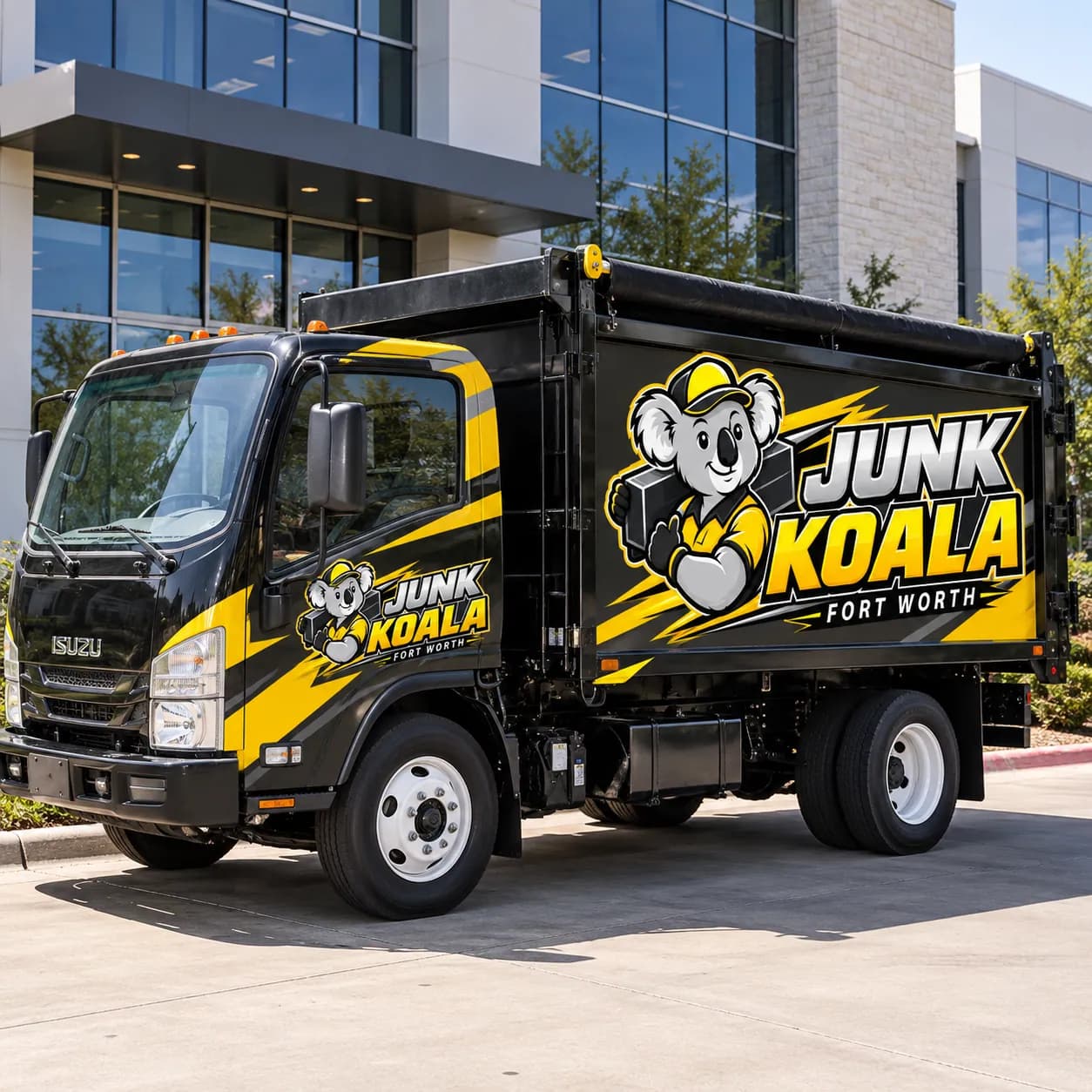 The Junk Koala Fort Worth dump truck parked outside a glass-fronted Fort Worth office building