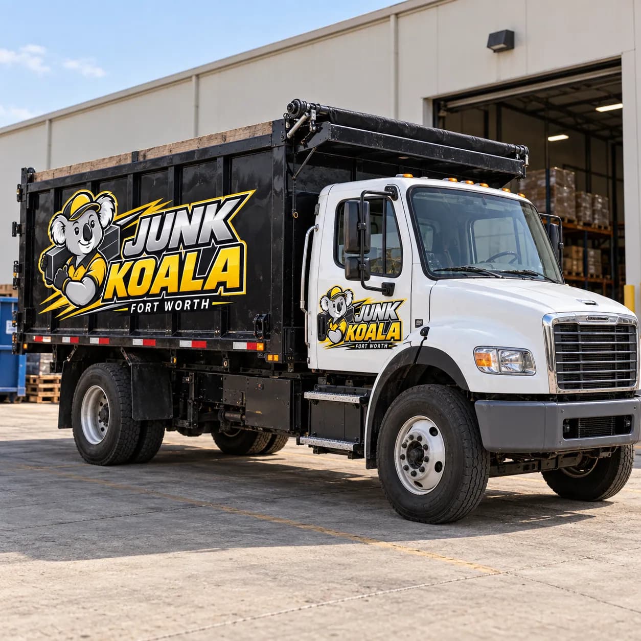 A larger Junk Koala Fort Worth dump truck backed up to a warehouse loading dock