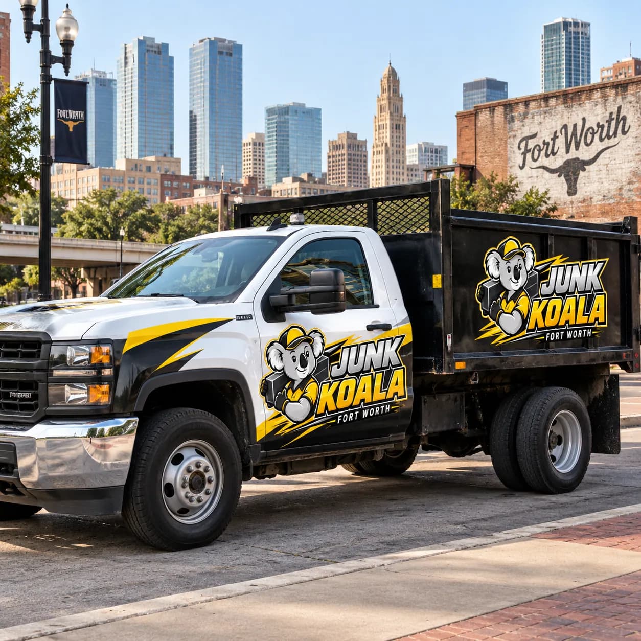 A Junk Koala Fort Worth flatbed truck parked below the downtown Fort Worth skyline beside a painted Fort Worth wall mural