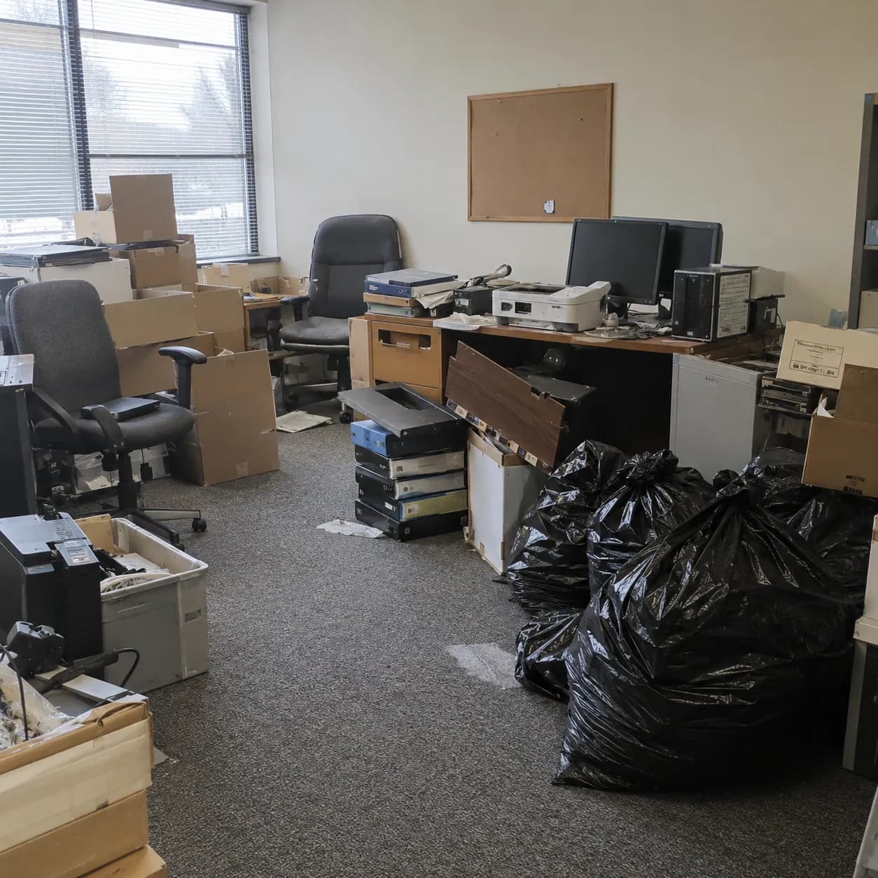 A vacated office with desks, monitors, printers and trash bags left behind