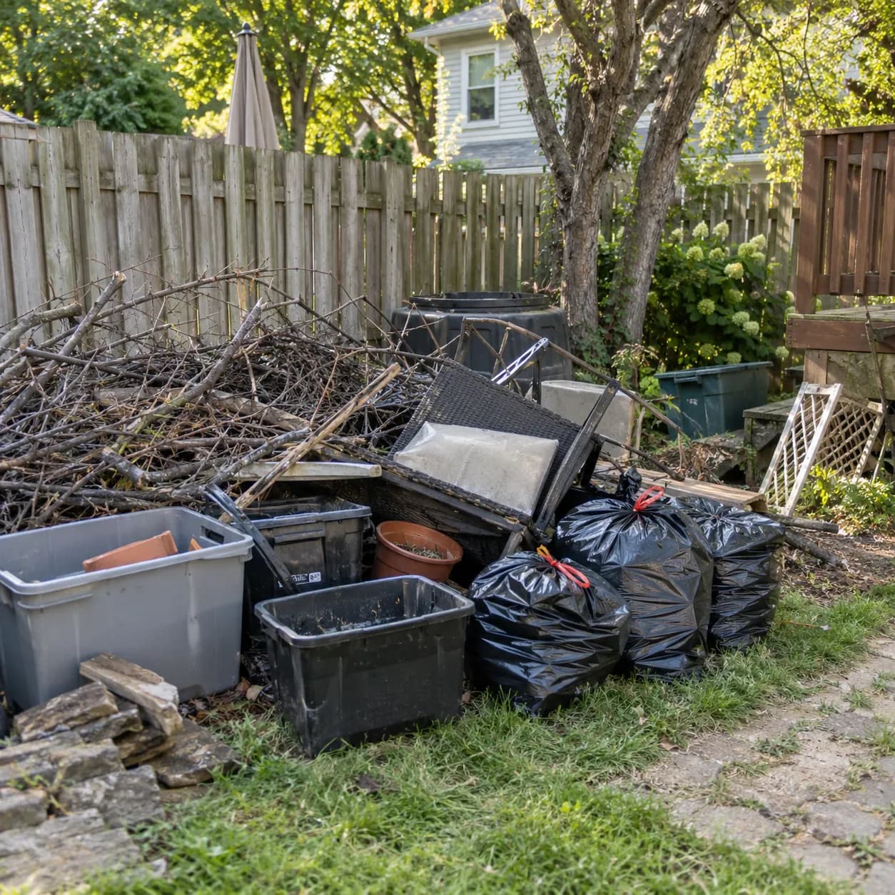 Yard waste, scrap timber, bins and bagged debris piled beside a back-yard fence