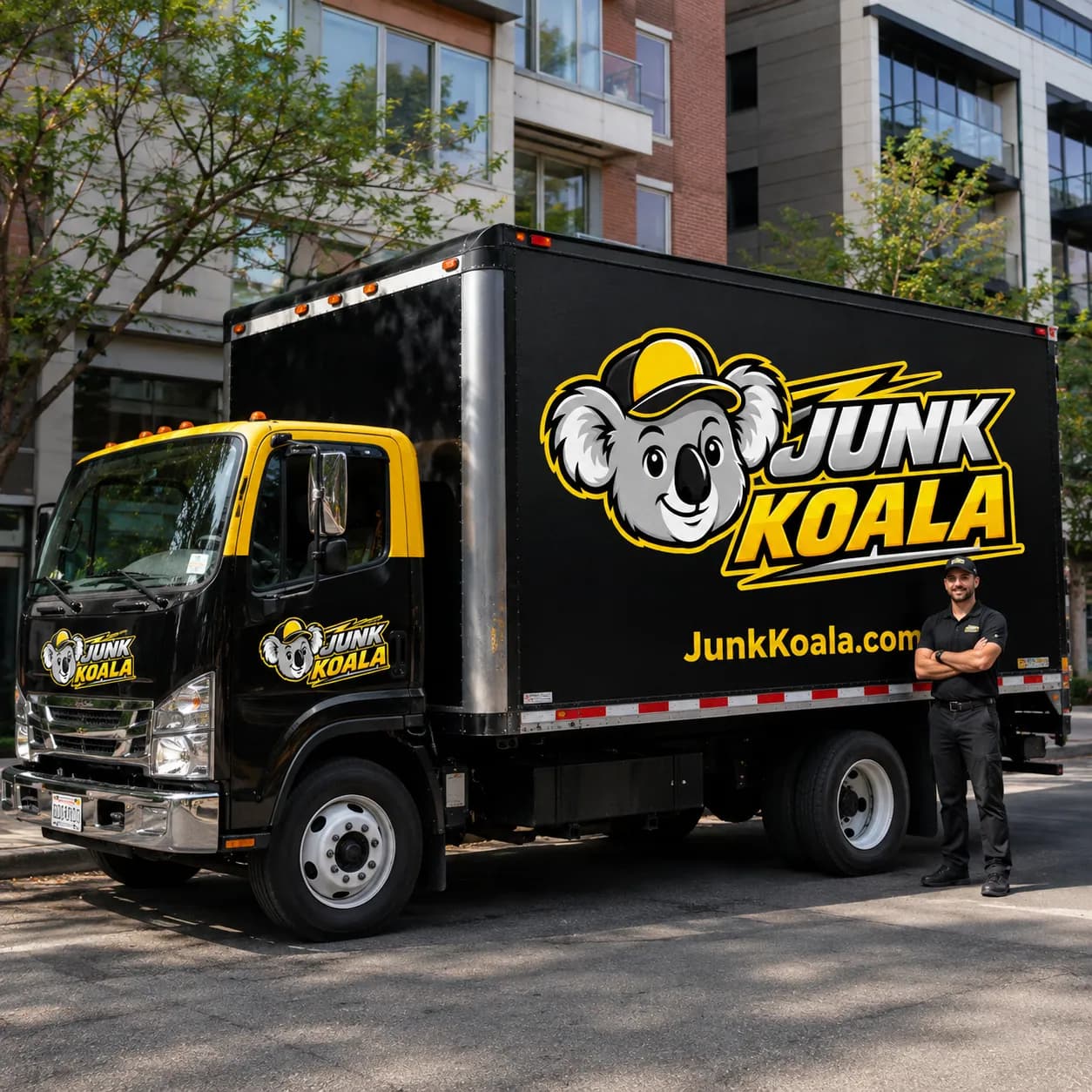 A Junk Koala box truck working at a modern multi-story apartment building