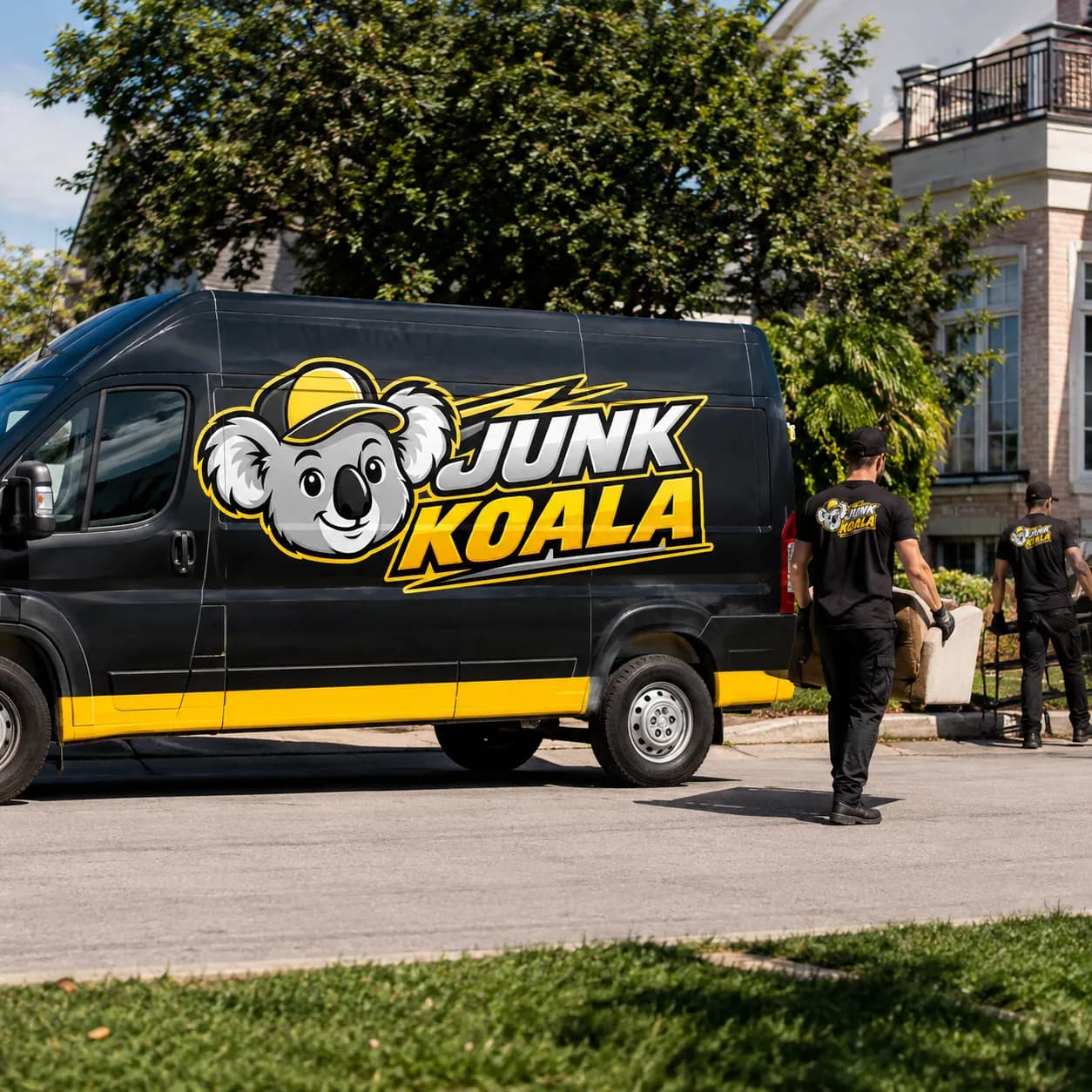 A Junk Koala van working at an apartment community while a crew member loads