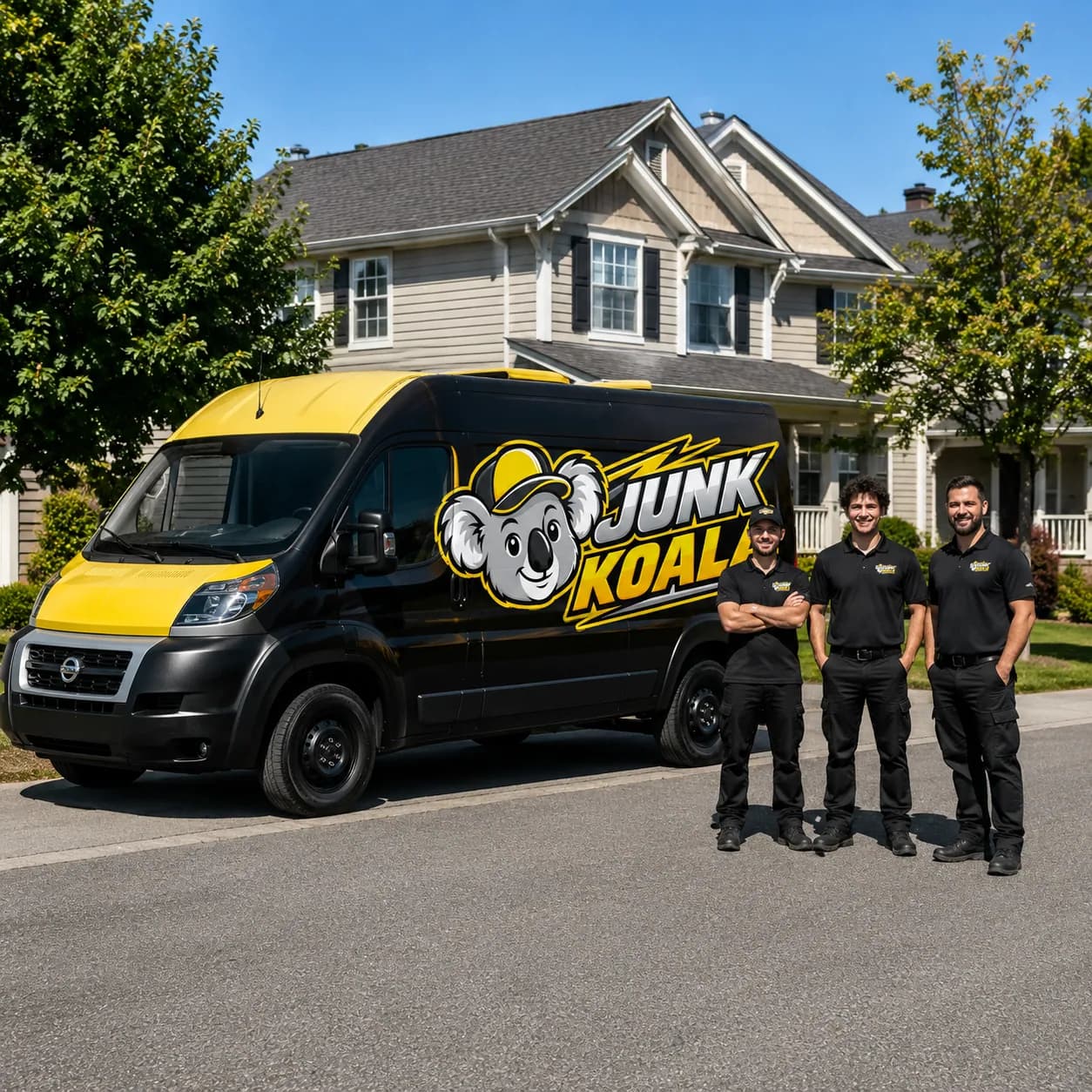 A Junk Koala van and three-person crew parked outside a suburban home
